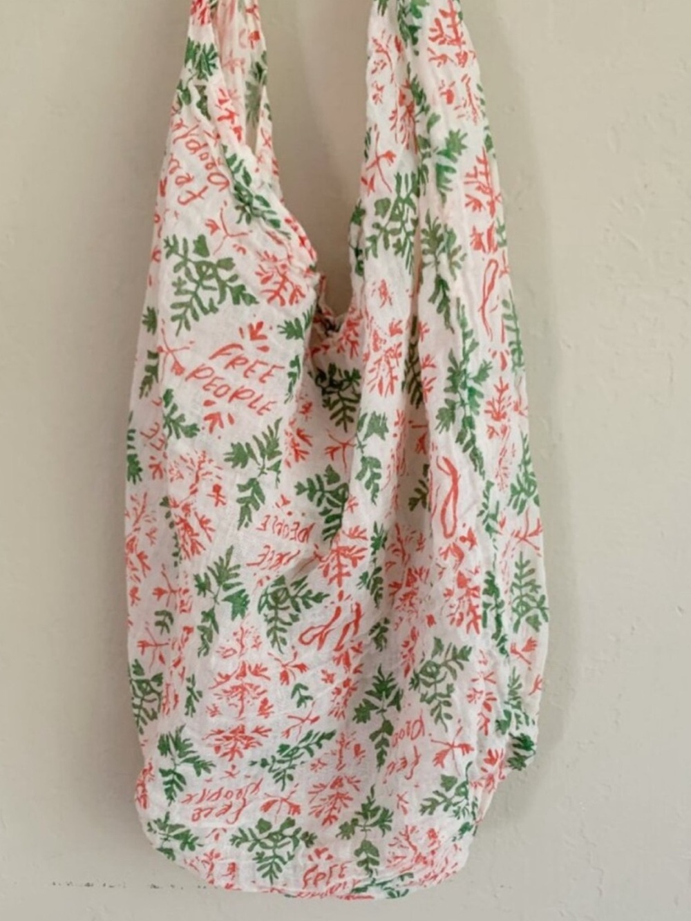 Lightweight White Tote Bag with Green & Coral Print